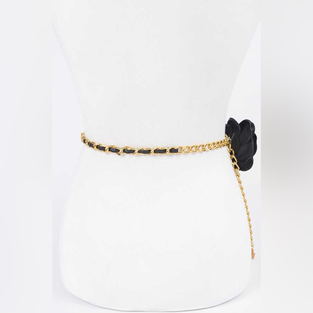 Satin 3-D Flower & Gold Iron Chain Statement Belt - Picture 6 of 7